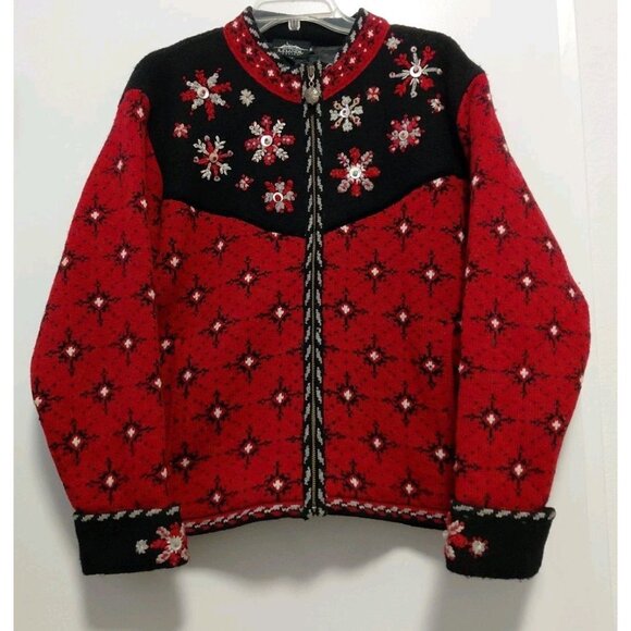 Icelandic Design Full Zip Wool Sweater Jacket Lined Red & Black XL - Picture 1 of 10